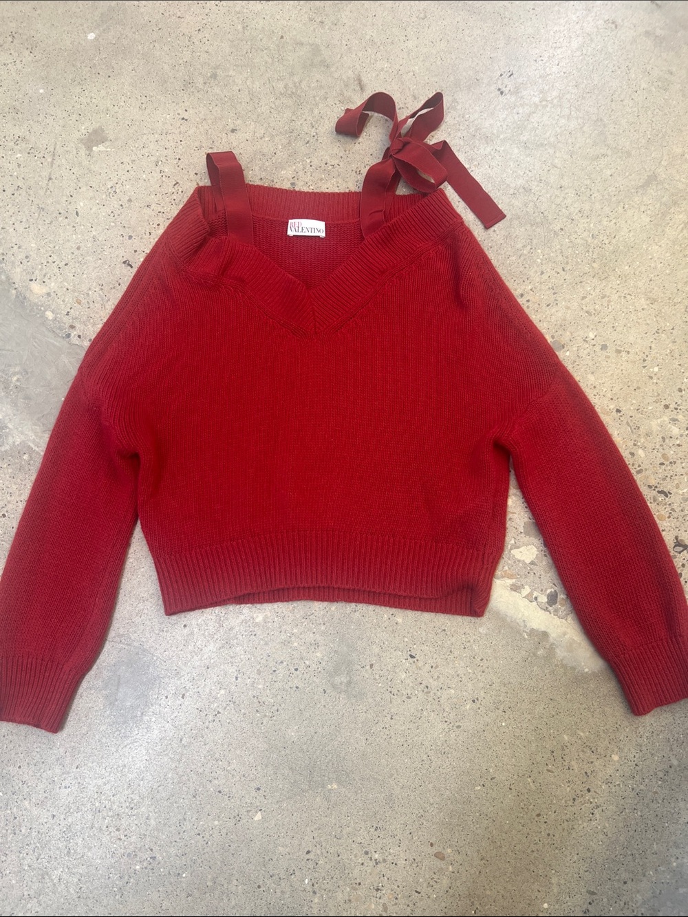 RED Valentino Red V-Neck Sweater with Ribbon Shoulder Tie